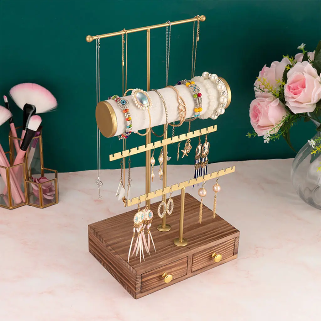 

3 Tier Jewelry Stand Displaying with Wooden Drawer Jewelry Tree Stand Tower Rack Earing Necklace Bracelet Watch T-bar Holder