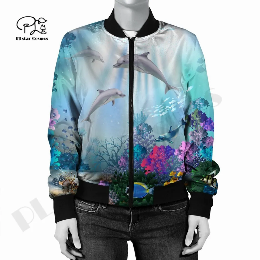 Men/Women Winter Dolphins Polynesian 3DPrint Autumn Zipper Flight Jacket Unique Casual Unisex Harajuku Thick Coat Streetwear E-3