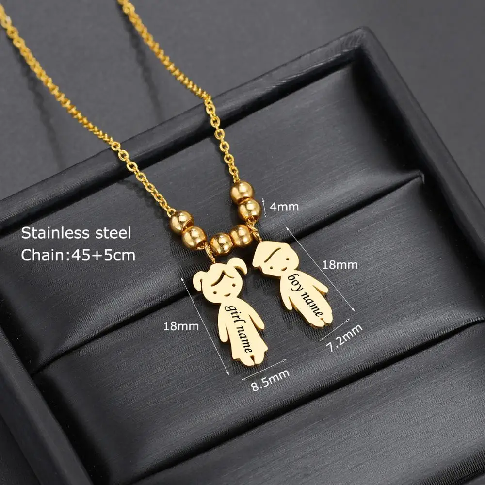 Personalized Stainless Steel Boy Girl Kids Pendant Necklace Women Child Engraved Name Date Beads Necklace Family Jewelry