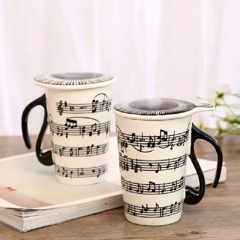 Creative Ceramic Mug with Cup lid Coffee Cup Piano Musical Note Coffee Mugs Tea Cup Porcelain Travel Cup For Milk Mug