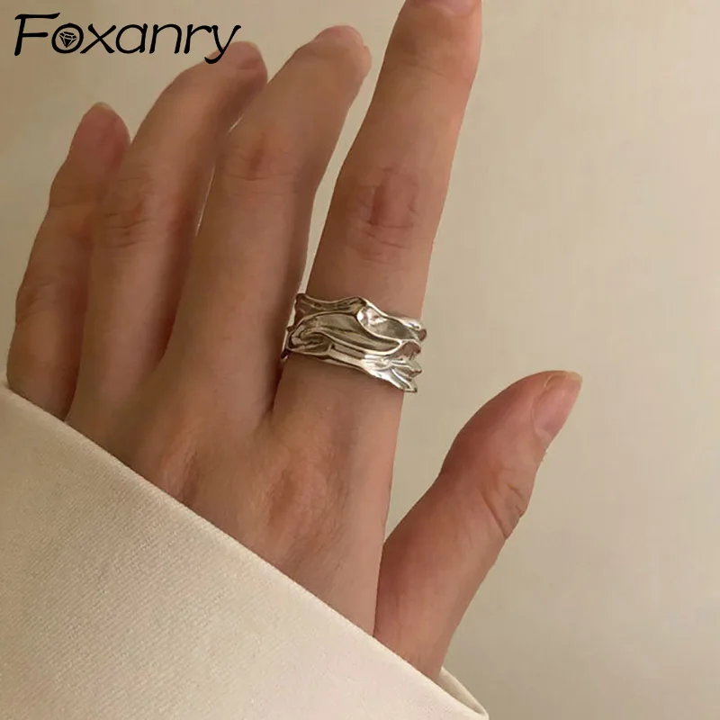 Foxanry Minimalist Silver Color Rings for Women New Fashion Creative Irregular Surface Geometric Party Jewelry Gifts