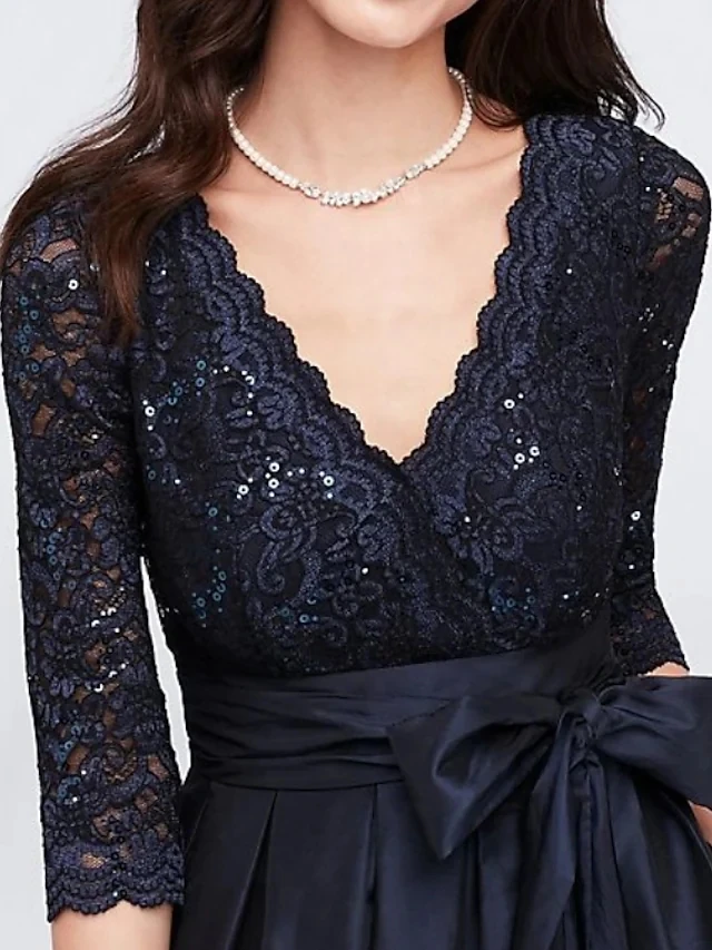 Modern Dark Navy Evening Dress with Sash 2021 V Neck Floor Length Lace Satin Prom Party Gown Vestidos Fiesta Robe De Soiree