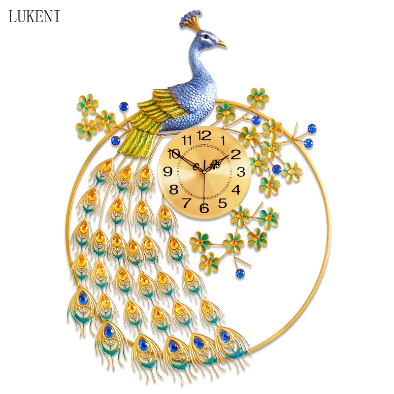 European Luxury Creative Large Size Metal Material Peacock Watch Clock Living Room Wall Clock Home Decoration Wall Sticker