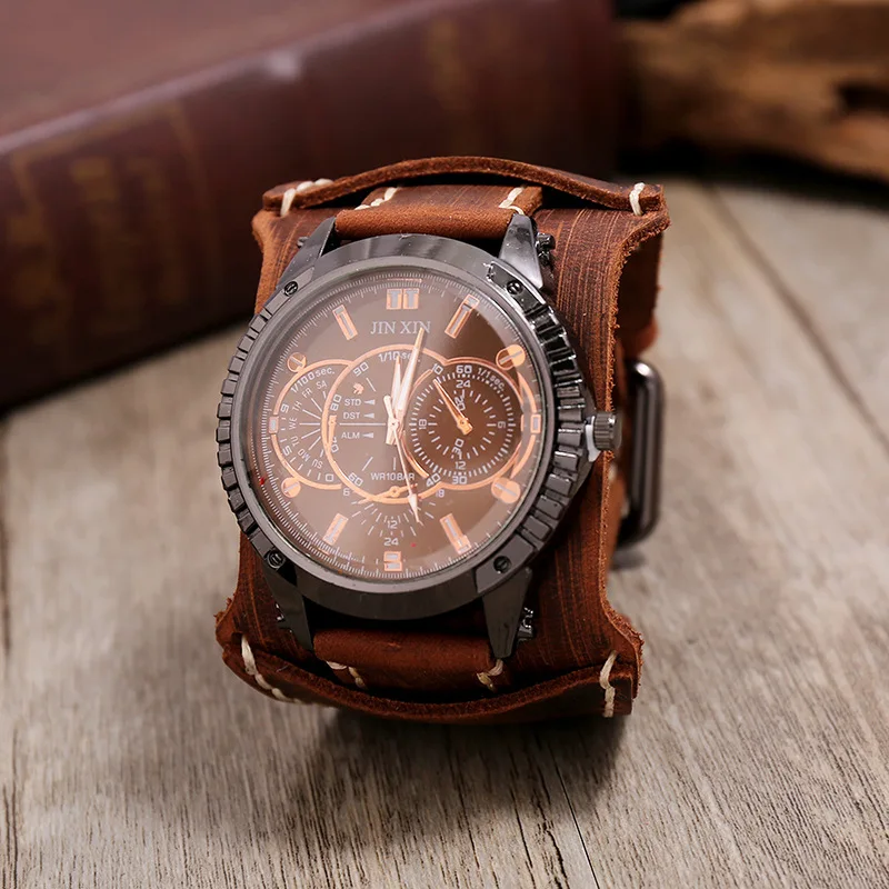 Hot Retro Wide Cow Leather Bracelet Watch Vintage Men Wrist Watches Casual Cool Punk Quartz Watches Clock Relogio reloj hombre