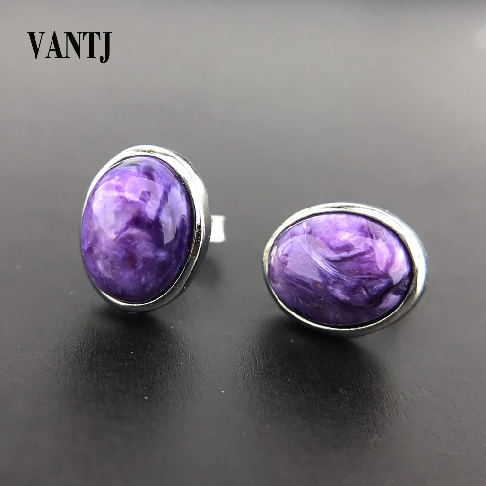 Real Natural Charoite Earrings Sterling 925 Silver Gemstone 8mm for Women Wedding Anniversary Party Fine Jewelry Gift