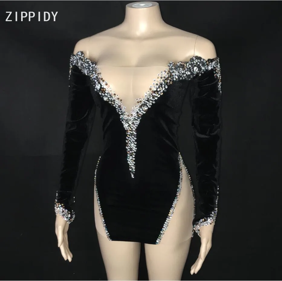 

Black Rhinestones Mesh Neck Dress Women Singer Prom Outfit Birthday Celebrate Dress Bar Dance Outfit Stretch Dress