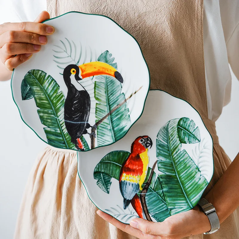 8 Inch Bird Dinner Plate Under-glazed Forest Ceramic Dinner Dishes Dessert Tray Flower Parrot Pasta Serving Plate Microwave Safe