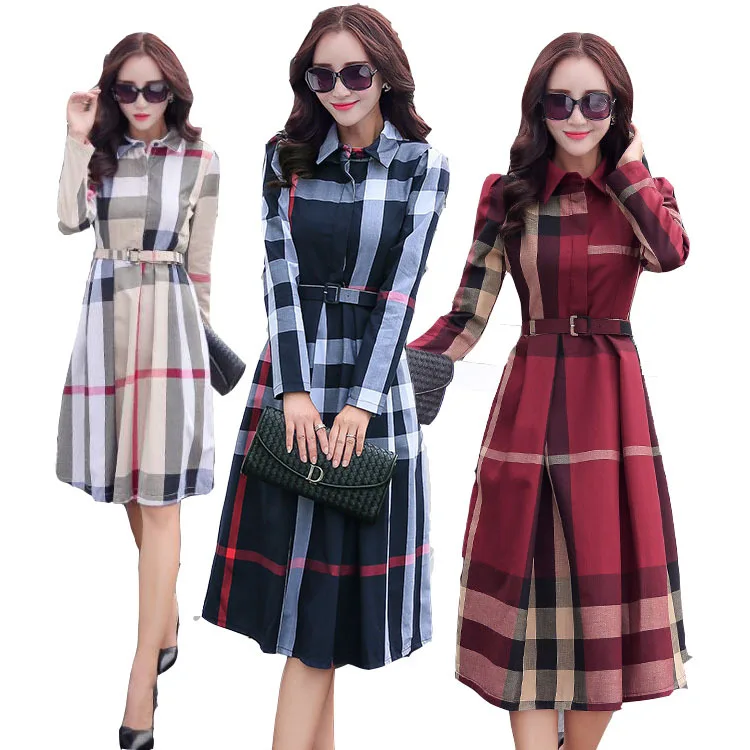 Women\'s Autumn New A- line Large Hem Plaid Printed Long-Sleeved Dress (Send Belt)