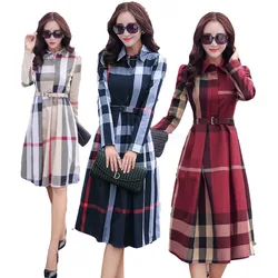 Women's Autumn New A- line Large Hem Plaid Printed Long-Sleeved Dress (Send Belt)