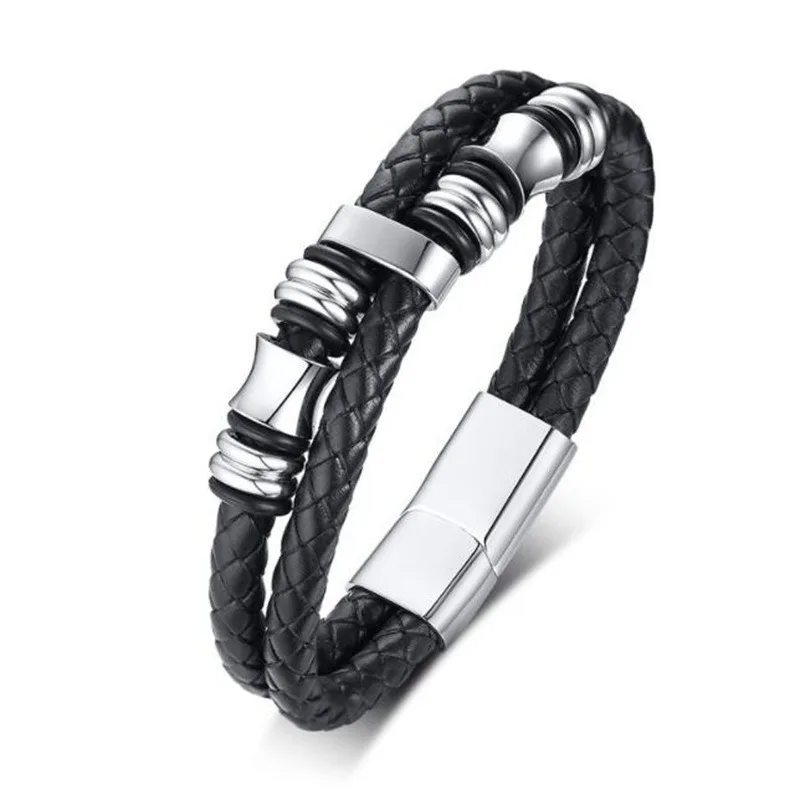 Charm Black Genuine Leather Bracelet High quality metal Double Braided Rope Bracelets for Men Women Magnetic Cuff Bangle