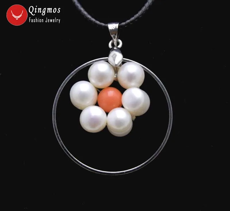 Fashion 28mm Metal Round Pendant Necklace for Women with Natural White Pearl and Pink Coral Necklace 17-19