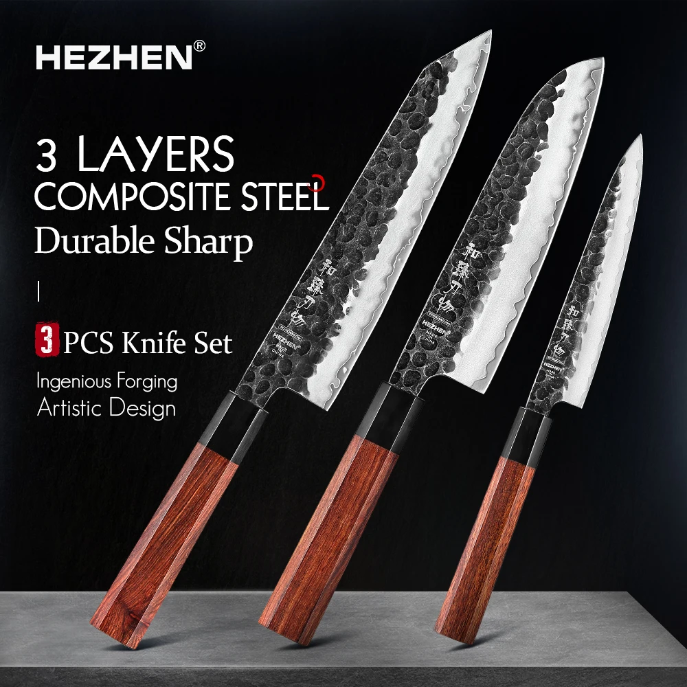 HEZHEN 1-3PC Zestaw noży kuchennych Chef Utility Santoku Profesjonalny japoński nóż kuchenny ze stali Clad do mięsa Nóż kuchenny z czerwonego drewna