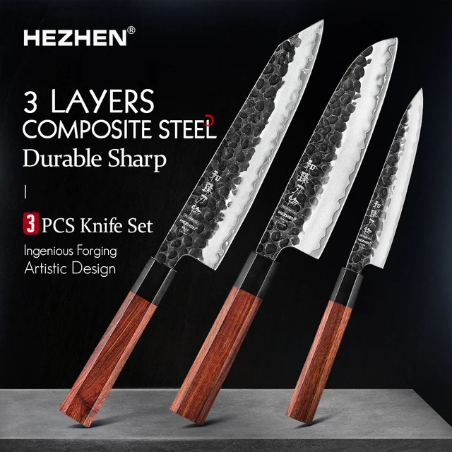HEZHEN 1-3PC Zestaw noży kuchennych Chef Utility Santoku Profesjonalny japoński nóż kuchenny ze stali Clad do mięsa Nóż kuchenny z czerwonego drewna