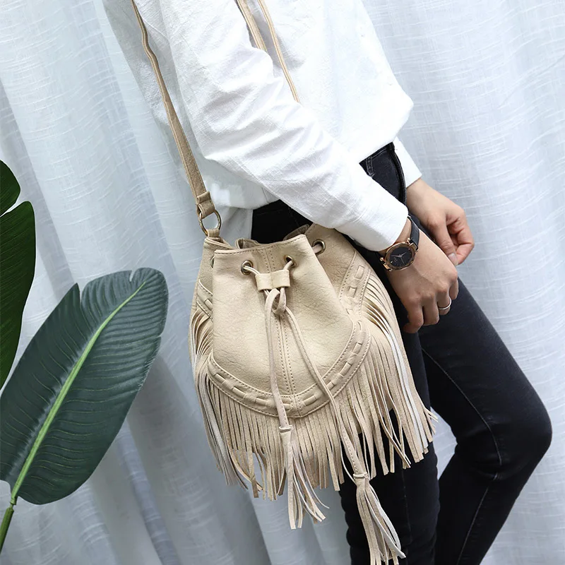 Casual Drawstring Factory Handmade Tassel Bucket Bags Women Shoulder Messenger Bag Ladies Female Vintage Envelope Bag Party 2020