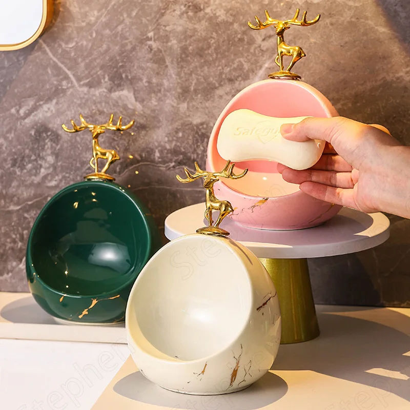 Golden Deer Ceramic Drain Soap Holder Marble Texture Modern Bathroom Soap Dispenser Set Nordic Household Restroom Accessories