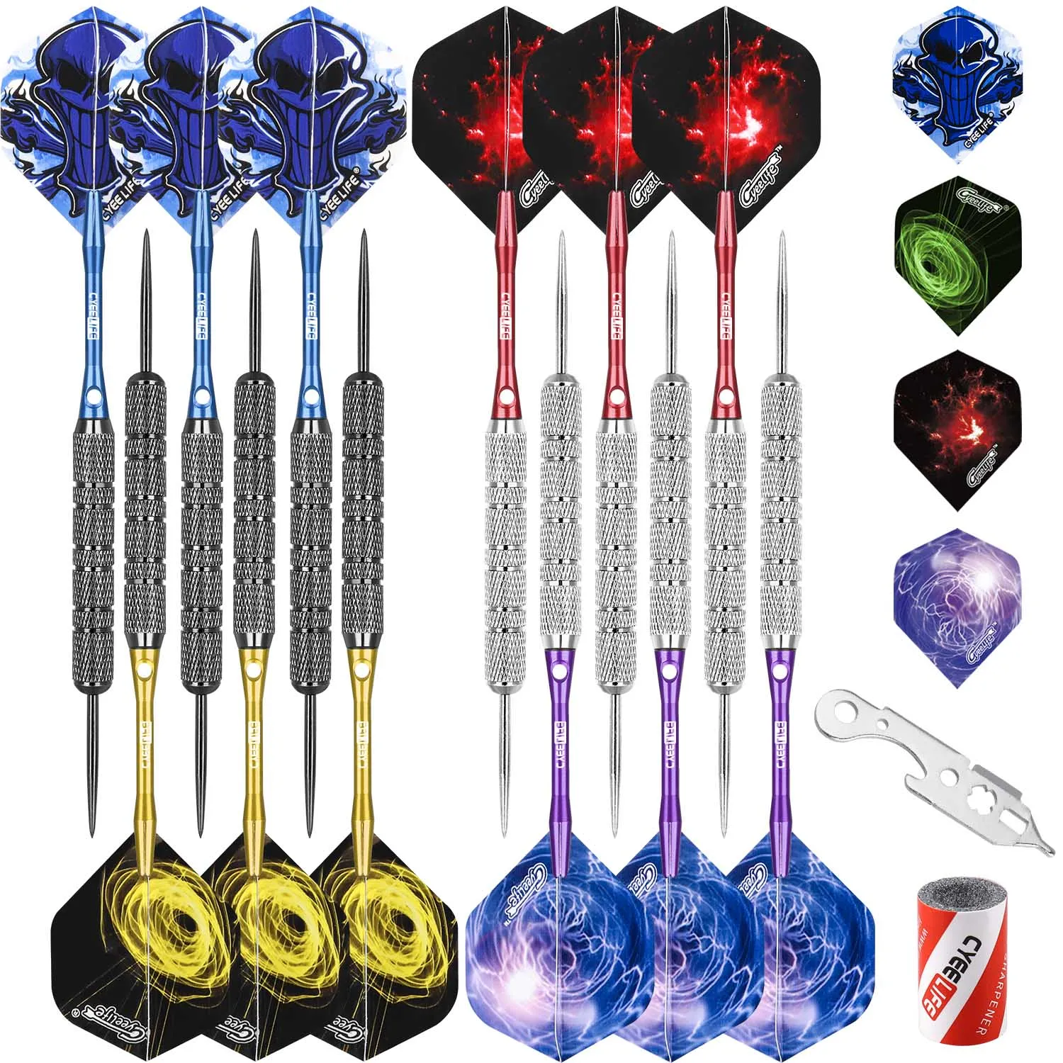 CyeeLife-Steel Tip Darts, 18g, 12Packs,12 Aluminium, 4 Colors, Tool, Sharpener, 16 Flights, Gift Packaging, Home Dart Set