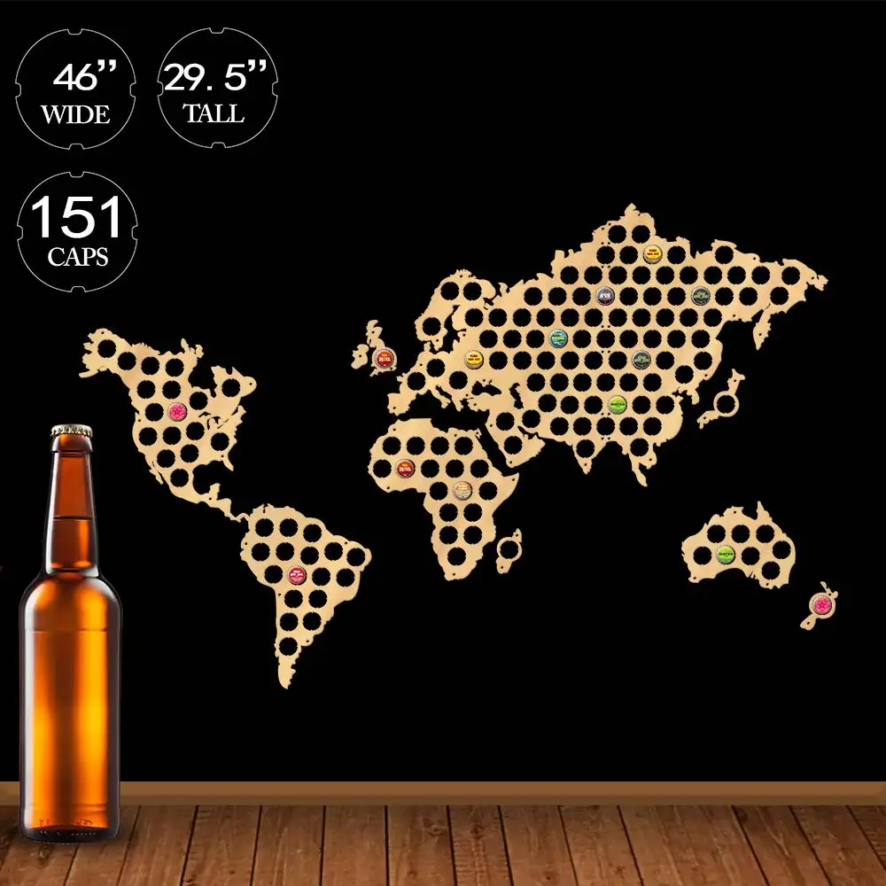 Artesanías creativas de madera, mapa del mundo, botella, tapa de cerveza, mapa colgante hecho a mano, decoración moderna del hogar, regalos para amantes de la cerveza