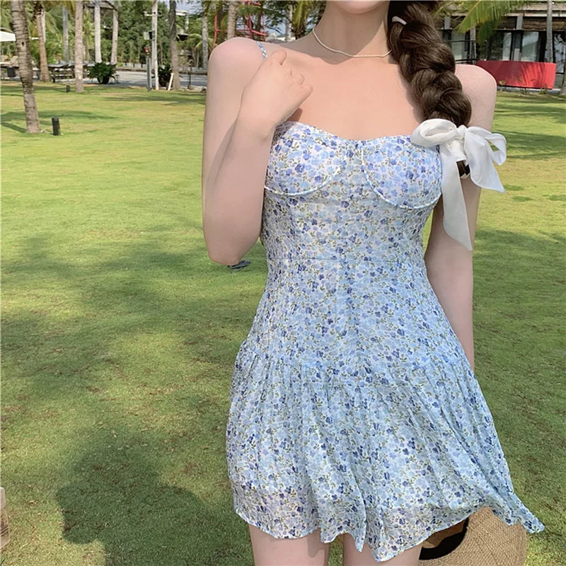 

Chiffon Sling Dress for Women Floral Desses A-Line Backless Sweet Mini Bohemian Spaghetti Strap Dress Lady Sundress Summer Fashi