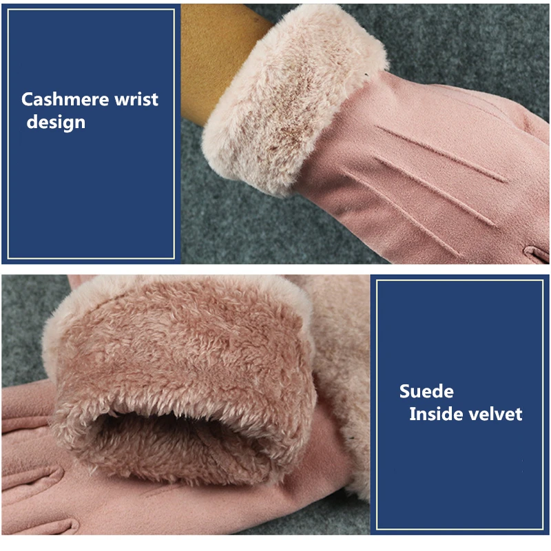 New Winter Suede Gloves Women Touch Screen Leather Glove Female Long Finger Autumn Mittens Fashion Warm Velvet Driving Gloves