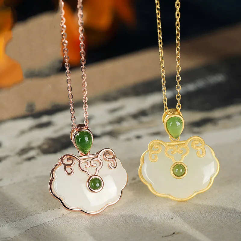 

2021 New S925 Sterling Silver Rose Gold Inlaid Natural Hetian Jade Pendant Female Retro Ethnic Style Wishful Lock Pendant