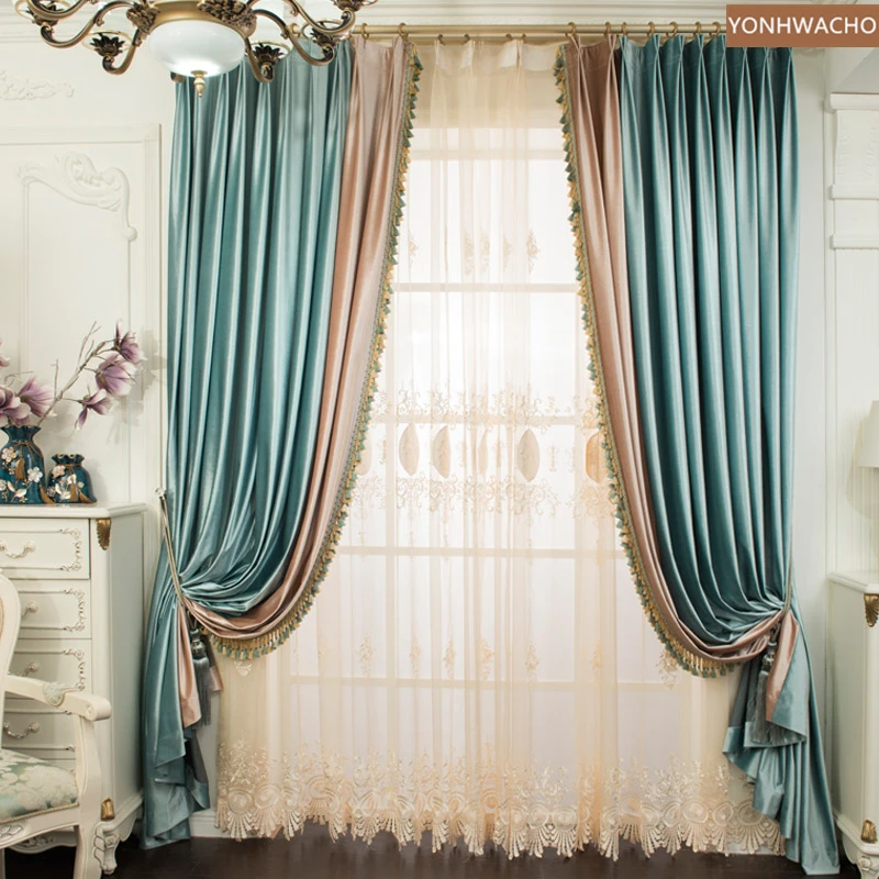 

Custom curtain American light luxury high-grade shading velvet window screen blue cloth blackout curtain tulle panel C477