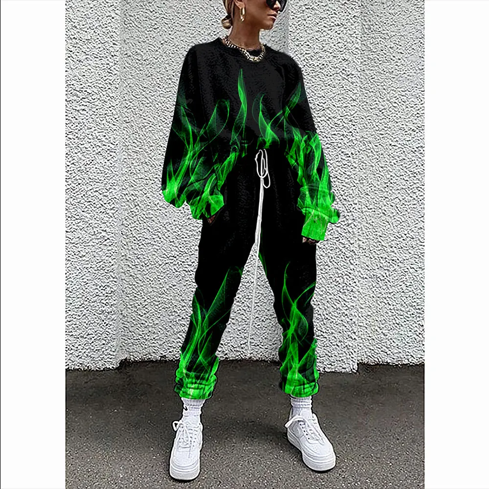 Flame Print Women Clothing Solid Color Long Sleeve Loose Blouse Pant Autumn Winter Tracksuit Outfit 4XL Warm Clothes