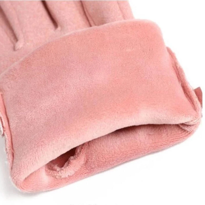 Female Winter Cashmere Plus Velvet Plush Full Finger Cycling Warm Mittens Women PU Leather Bow Touch Screen Driving Glove H80