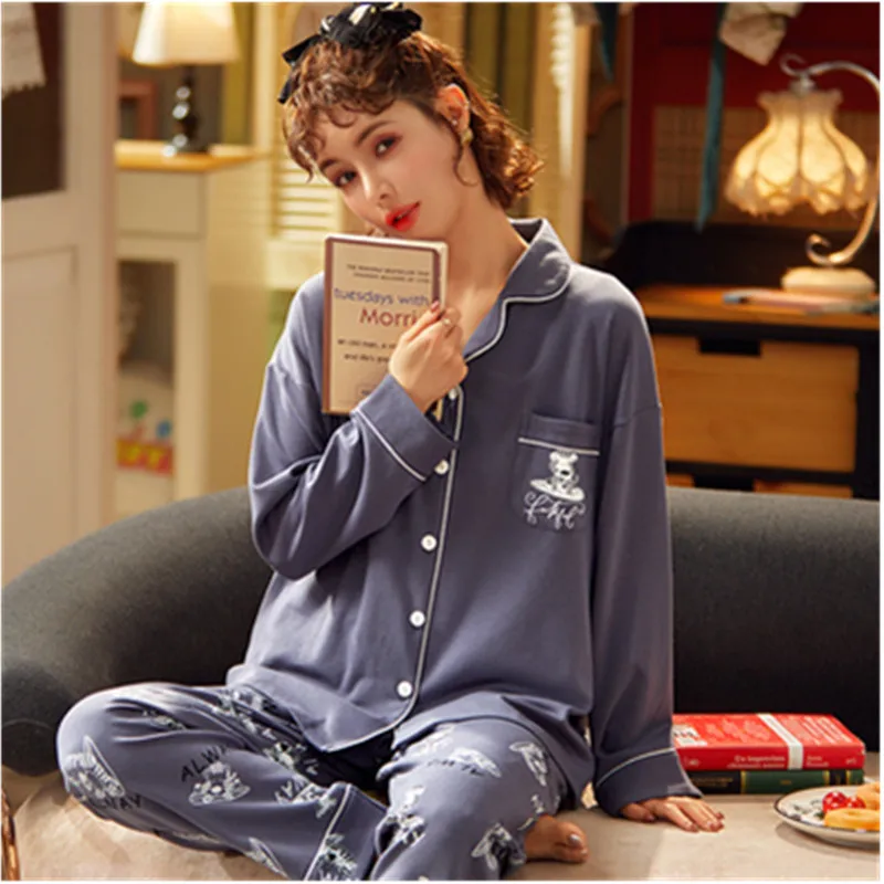 UHYTGF New Cotton Spring Autumn Pajamas Set Women Fashion Printing Two-Piece Comfortable Thin Sleepwear Loose Nightwear Suit1858