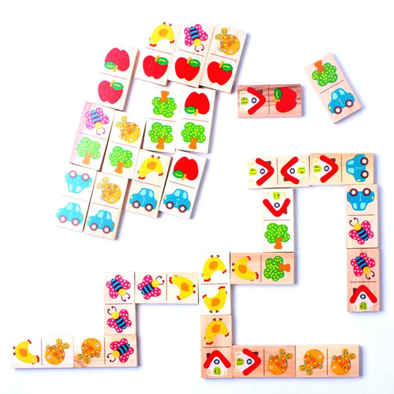 Puzzle en bois 28 pièces, Domino fruits animaux, blocs de construction cognitifs, jouets empilés Montessori, jouet éducatif pour enfants, cadeau