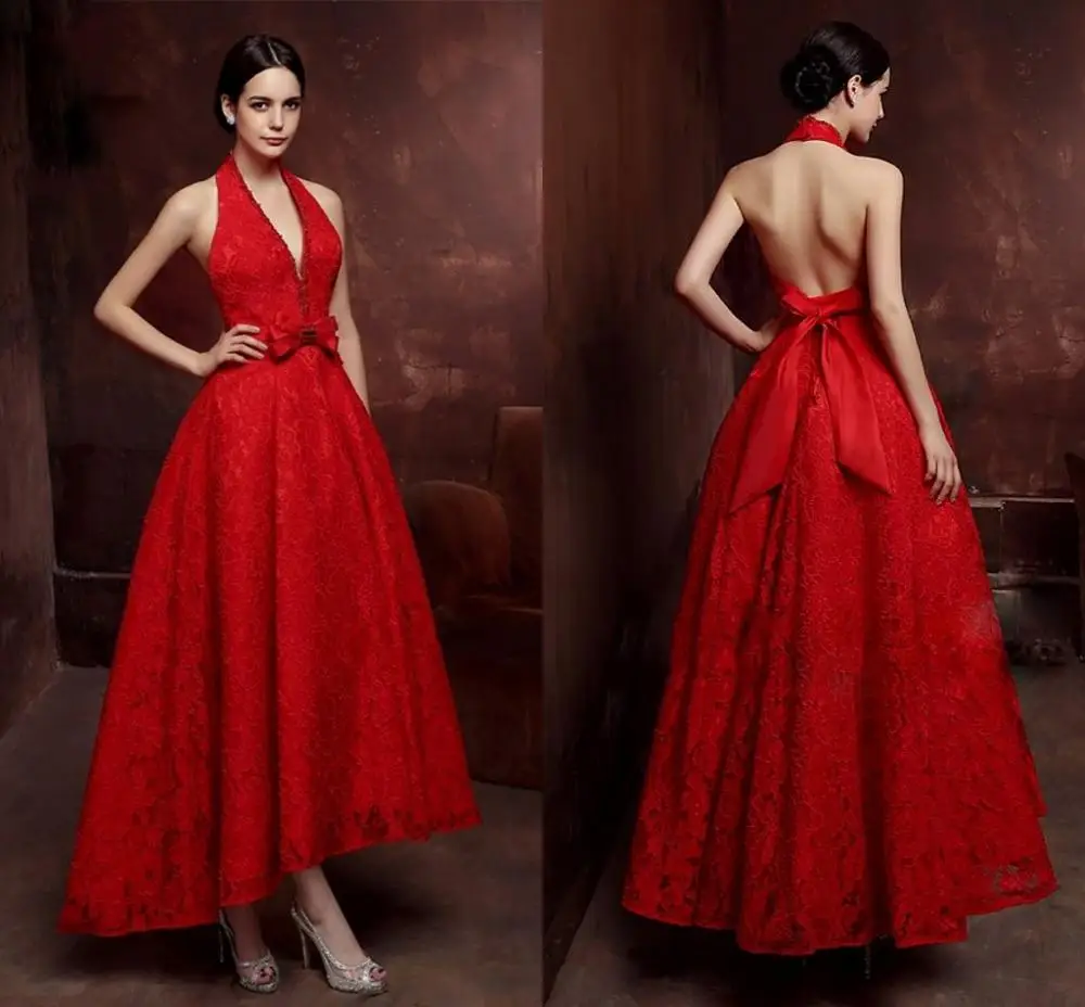 Charming Red Halter Beading Lace Backless Evening Dresses 2025 Women Asymmetrical Formal Prom Gown Vestidos de Longo