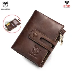 BULLCAPTAIN-cartera de cuero genuino RFID para hombre, tarjetero de negocios con doble cremallera, Monedero de piel de vaca, 021