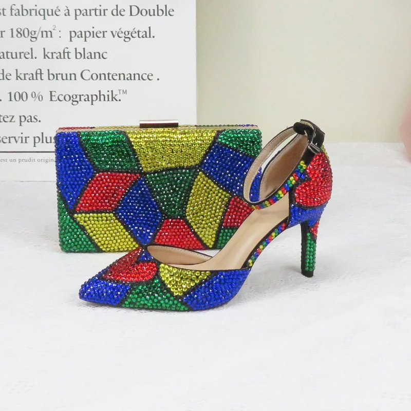 2020 New Arrive Women wedding shoes with matching bags Multicolored Crystal High heels Ladies Party Dress shoes women Pumps