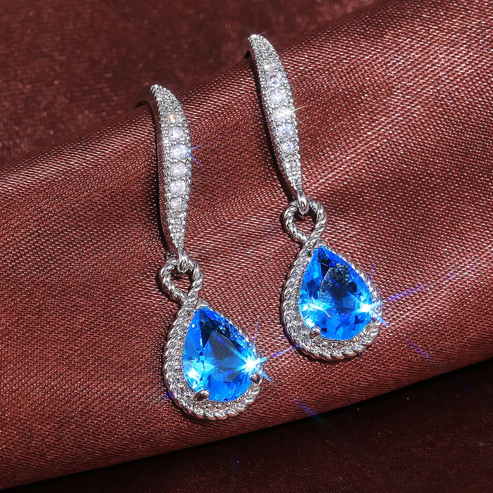 Luxury White Gold Plated Wedding Earrings White Blue Zircon Crystal Dangle Earring Fashion Women Earrings Cocktail Party Jewelry