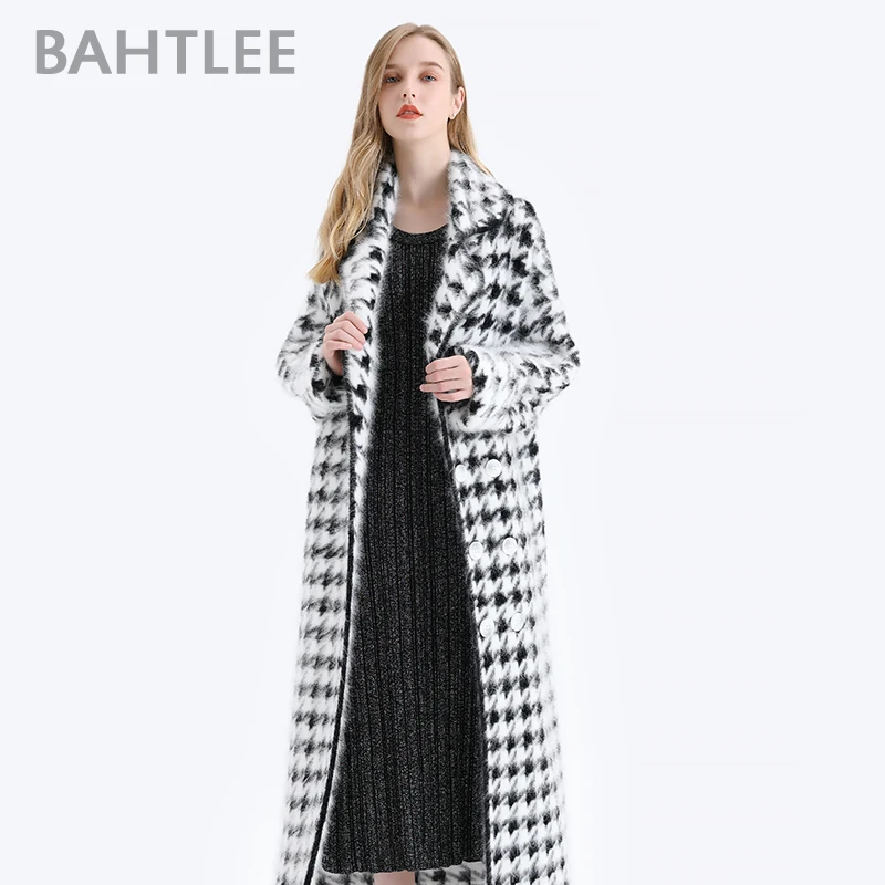 BAHTLEE-Women's Angora Long Coat, Houndstooth Pattern Sweater, Wool Knitted Cardigans, Turn Down Collar, Long Sleeves, Winter