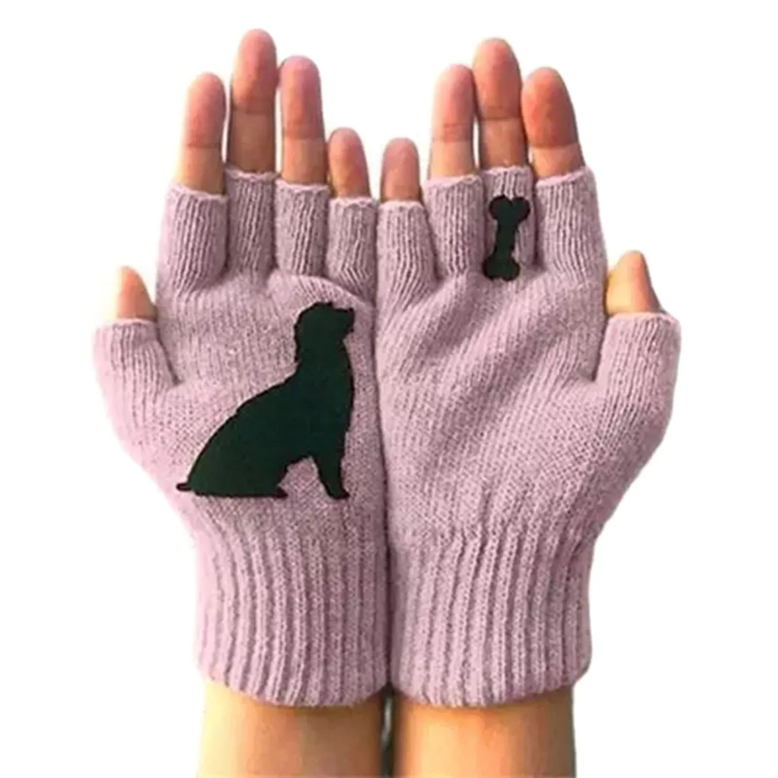 Guantes de punto sin dedos para mujer, con estampado de perro, cálidos, a la moda, Invierno, 2020