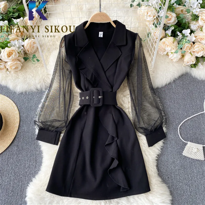 

Black Blazer Dresses Women Mesh Spliced Fashion Puff Sleeve Belt High waist Short Dress Spring Loose Elegant Party Dress Female