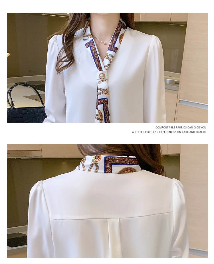 Blouses Female Elegant Fashion Office Lady Bow Solid Chiffon Shirts Women Clothing Spring Autumn Long Sleeve V-Neck Pullover Top