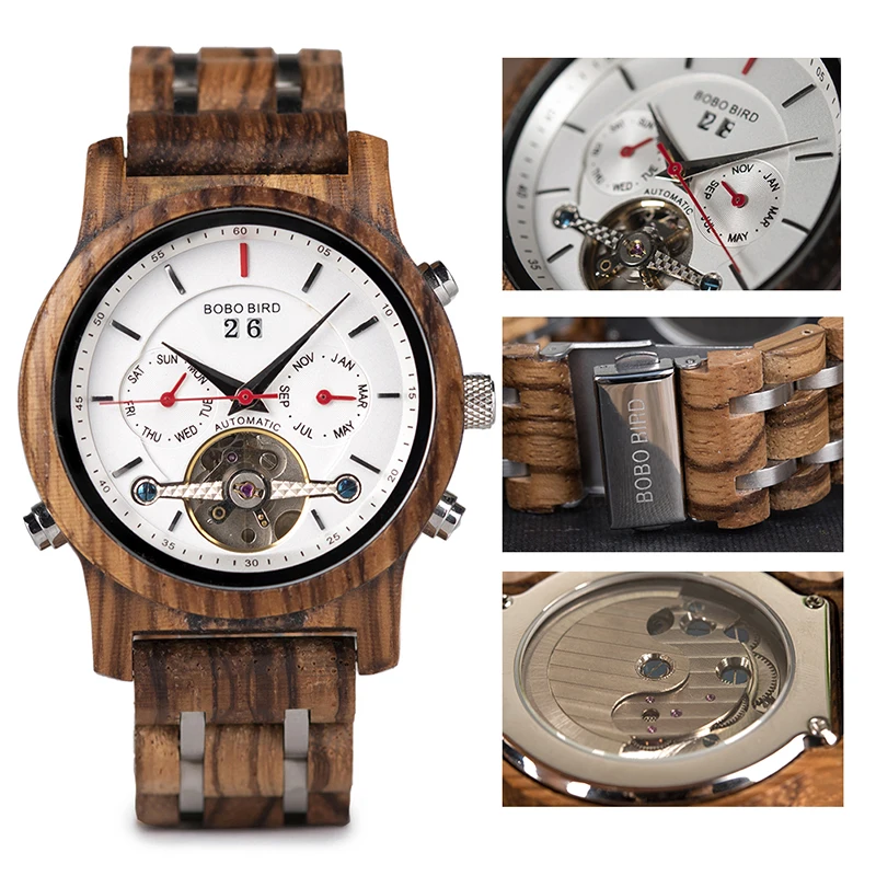 BOBO BIRD Mechanical Watches Men Women Automatic Double Tourbillon Wristwatch Wooden Metal Balance Wheel Clock Relogio