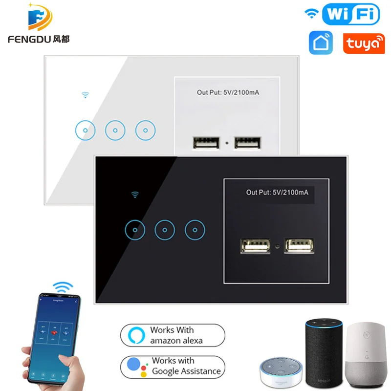 Tuya WiFi Smart Light Switch 1 2 3 Gang Touch Switch and Power Outlet Dual USB Smart Induction Charge Port For Mobile 5V 2.1A