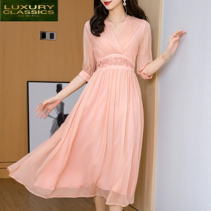 Real Summer Sexy Vneck Silk Dress Women Long Elegant Ladies Vestido Female Embroidery Evening Party Dresses Ropa Mujer 08