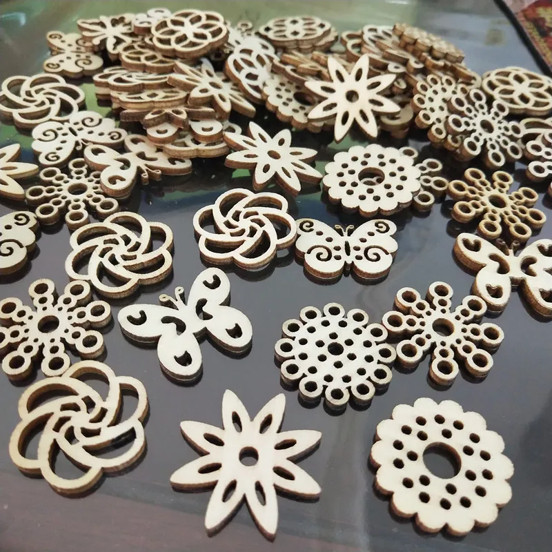 50pcs Wooden Embellishments Flower Butterfly Shape Cutouts DIY Scrapbooking Crafts Wooden Crown Pieces Discs Wood Slice Ornament