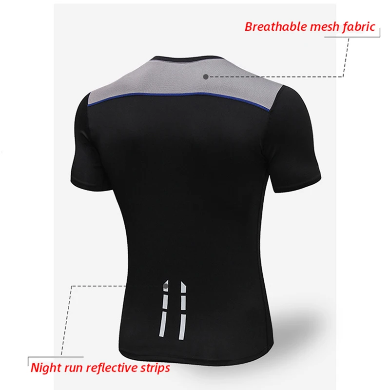 Reflective Night Run Print Running T-Shirt Men Quick Dry Mesh Patchwork Rashgard GYM Fitness Shirts Sport Compression Sportswear