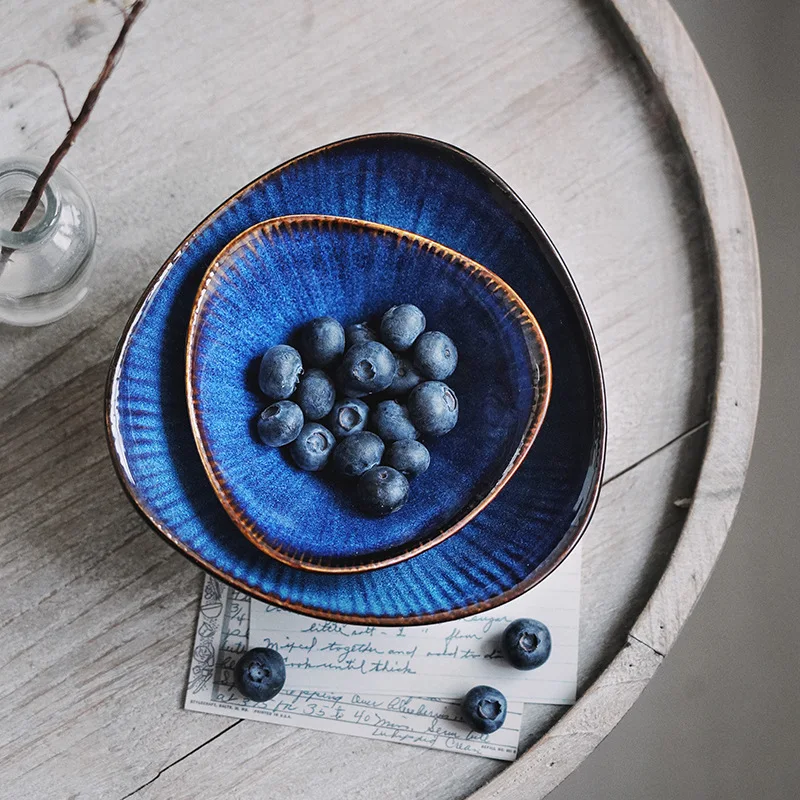 KINGLANG 1Pcs New Klin Glaze Blue Color Ceramic Tableware Wholesale Flat Plate Deep Steak Dish Breakfast Dinner Plate Big Bowl