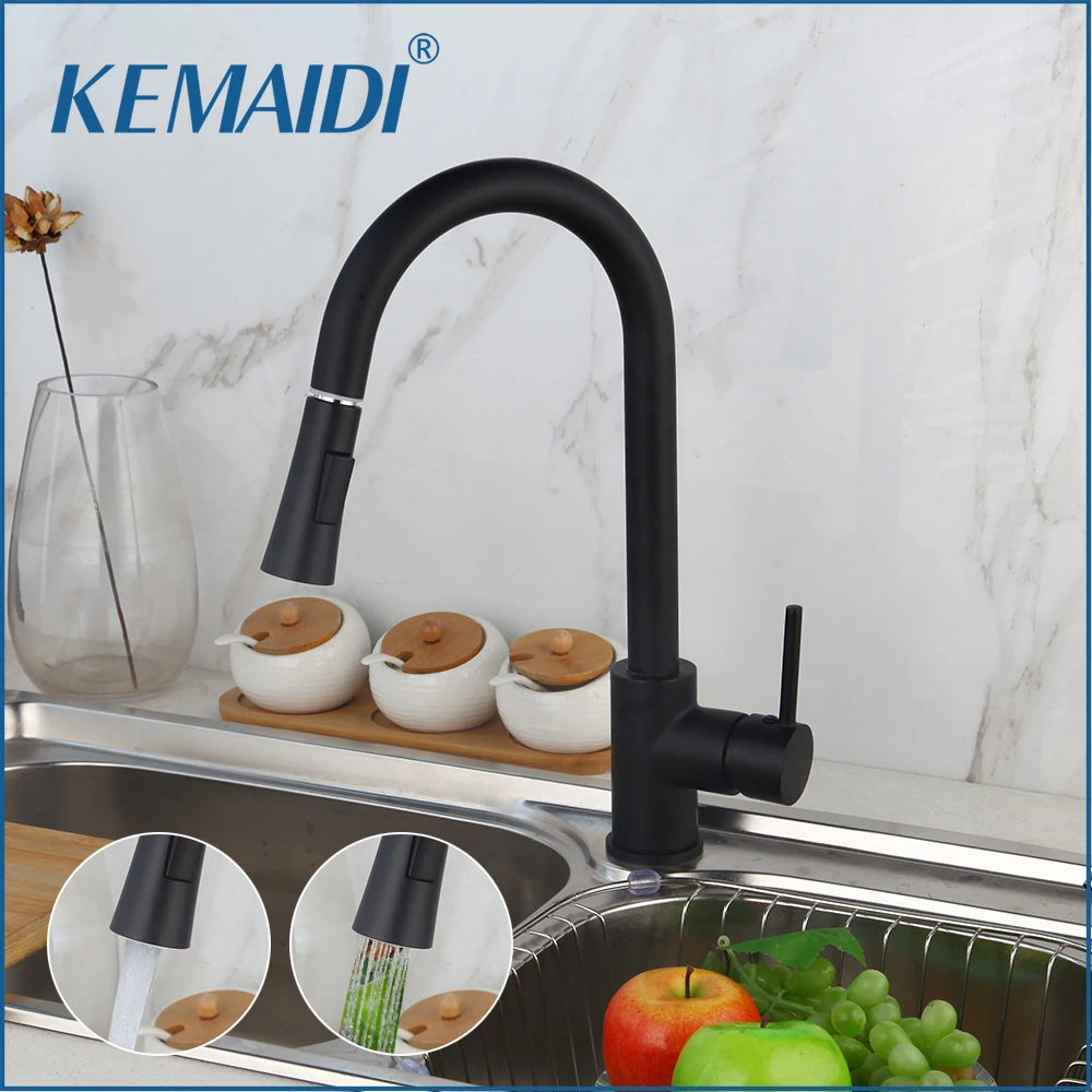 

KEMAIDI Brushed Nickel Mixer Faucet Single Hole Pull Out Spout Kitchen Sink Mixer Tap with Stream Sprayer Head Black Kitchen Tap