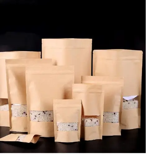 100pcs Kraft Paper Bag Zip Lock Bag with Window Tea Packaigng Bag Sachet Kraft Bag Packaging for Nuts Snacks Sweets