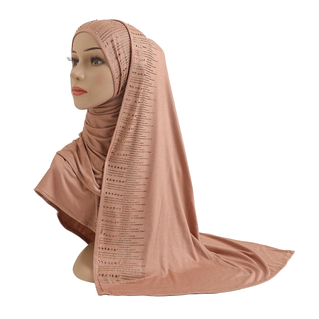 H204 High Quality Soft Cotton Jersey Scarf with stones modal headscarf women's hijab islamic female shawl Lady Bonnet headwrap