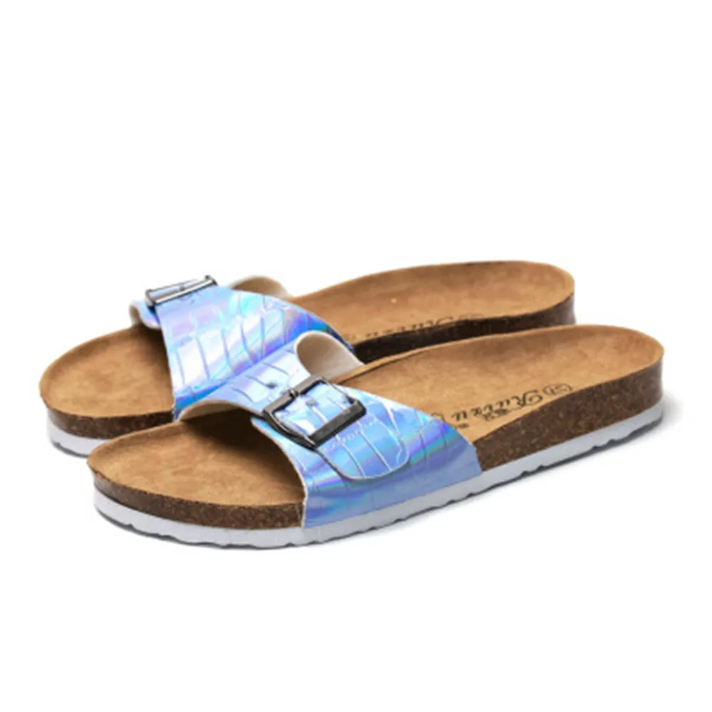 New 2024 Summer Women Sandals Flats Cork Slippers Casual Shoes Fashion Leather Buckle Beach Slides Flip Flop White Yellow Blue