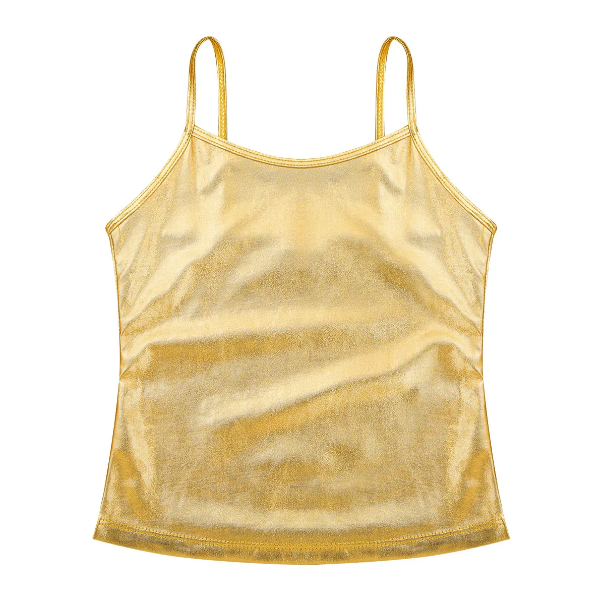 เด็กหญิงเต้นรำ Crop Tops สปาเก็ตตี้สายรัดไหล่ Shiny Metallic Camis Tank Top เสื้อกั๊กสำหรับเต้นรำเวทีการแข่งขัน Performance