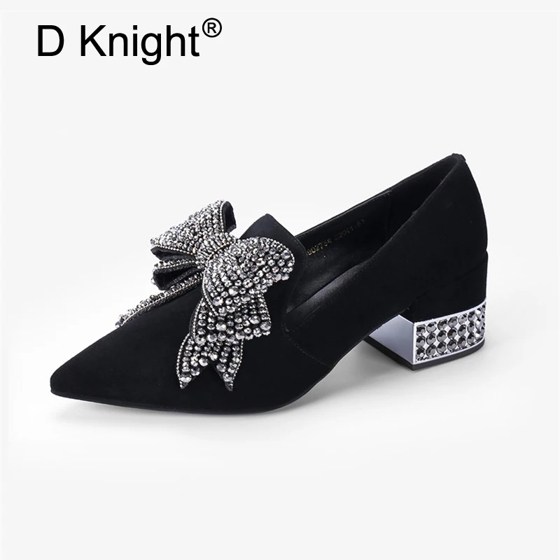 2020 Spring New Women Pumps Shoes Black Suede Rhinestone Bow Ladies Single Shoes Retro Square Head High Heels Runway Shoes Women