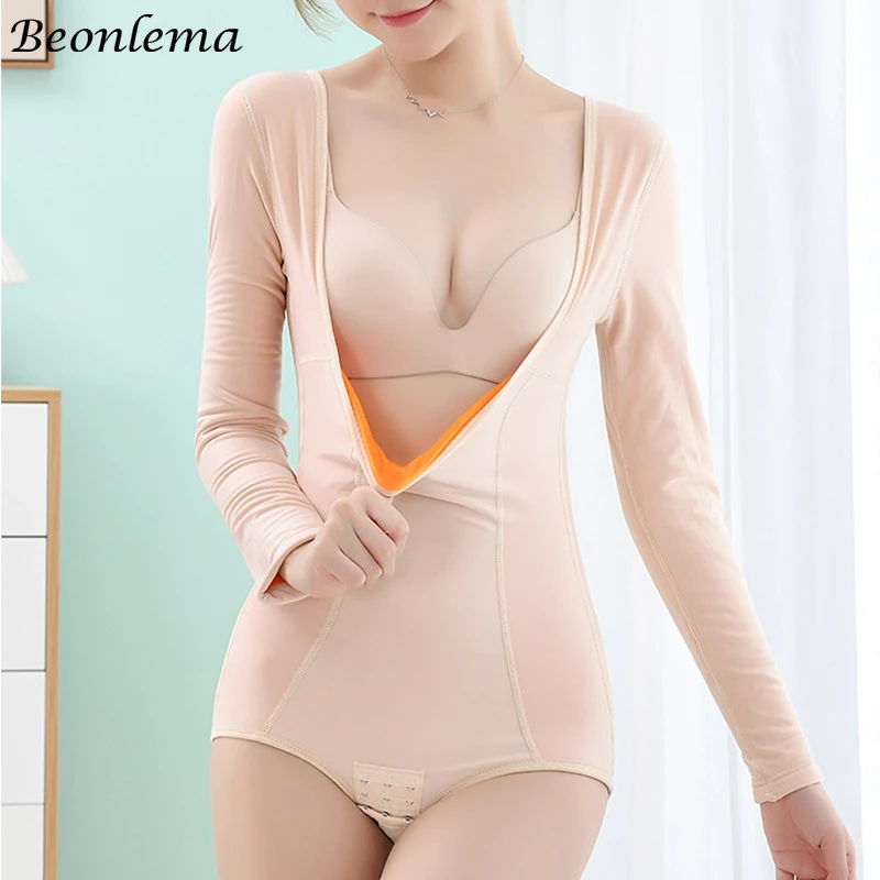 

Warm Lining Body Shapewear Women Slimming Bodysuit Tummy Control Belly Flat Thermal Underwear Long Sleeves Lingerie